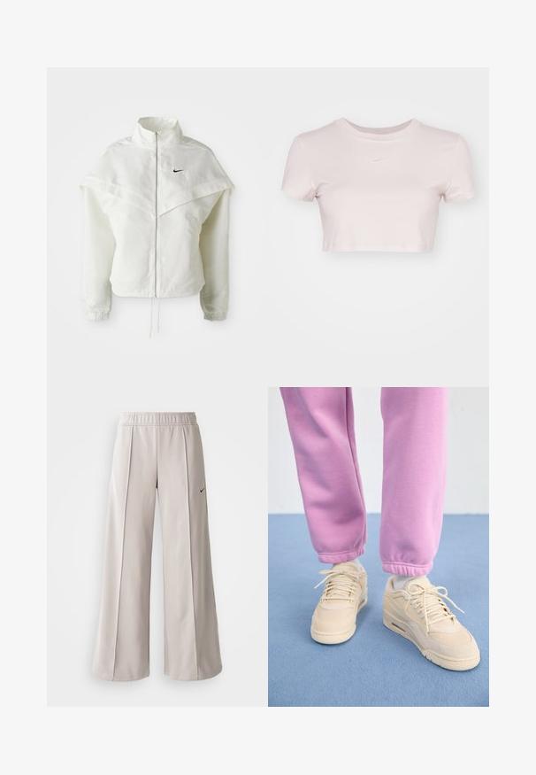 Biała, długozapinana kurtka na zamek z wysokim kołnierzem, z pelerynowym detalem na ramionach, elastycznymi mankietami i małym czarnym logo Nike na piersi.; Przycięta koszulka w jasnym różu, wykonana z miękkiego materiału. Posiada okrągły dekolt i krótkie rękawy z małym białym logo Nike na klatce piersiowej.; Jasnoszare spodnie o szerokich nogawkach, wykonane z gładkiego materiału. Posiadają elastyczny pas i czarne logo Nike po lewej stronie.; Beżowe sneakersy z teksturowaną cholewką, wyściółką na języku i sznurowanym zapięciem, w zestawie z dopasowanymi różowymi dresami z prążkowanymi mankietami.