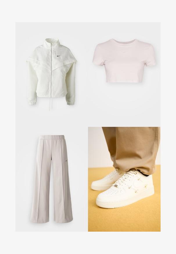 Biela bunda s dlhým rukávom na zips a vysokým golierom, s plášťovým detailom cez plecia, elastickými manžetami a malým čiernym logom Nike na hrudi.; Skraćené tričko svetloružovej farby, vyrobené z mäkkej tkaniny. Má okrúhly výstrih a krátke rukávy s malým bielym logom Nike na hrudi.; Svetlo šedé nohavice s širokým strihom vyrobené z hladkej tkaniny. Obsahujú elastický pás a čierne logo Nike na ľavej strane.; Biele kožené tenisky s perforovanou špičkou, zlatými akcentmi a plochými šnúrkami, v kombinácii s béžovými nohavicami na textúrovanej žltej ploche.