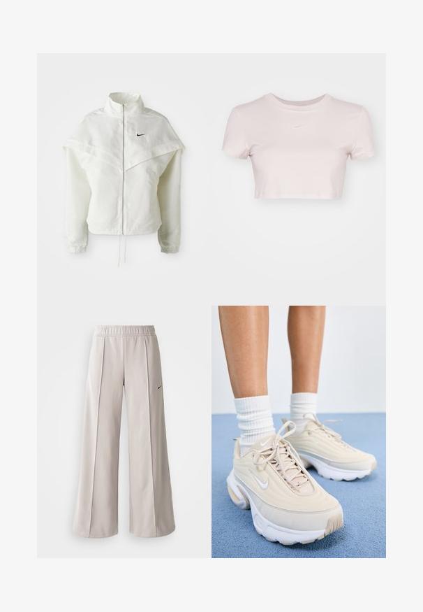 Valge pikkade varrukatega tõmblukuga jakk kõrge kraega, kätetooted, mis meenutavad katet õlgadel, elastsete mansettidega ja väikese musta Nike logoga rinnal.; Lühikeste varrukatega helesinine lühikesed T-särk, valmistatud pehmest kangast. Omab ümmargust kaelaauku ja rinnal on väike valge Nike logo.; Heledad hallide püksid, mis on valmistatud siledast kangast. Omab elastset vöökohta ja musta Nike logo vasakul küljel.; Beezid spordialused tekstuurse ülemise osaga, valged nöörid ja paks valge tallaga. Disainil on peened kõverad ja väike logo.