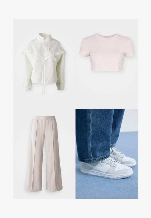 Valge pikkade varrukatega tõmblukuga jakk kõrge kraega, kätetooted, mis meenutavad katet õlgadel, elastsete mansettidega ja väikese musta Nike logoga rinnal.; Lühikeste varrukatega helesinine lühikesed T-särk, valmistatud pehmest kangast. Omab ümmargust kaelaauku ja rinnal on väike valge Nike logo.; Heledad hallide püksid, mis on valmistatud siledast kangast. Omab elastset vöökohta ja musta Nike logo vasakul küljel.; Nike tossud valgest ja helesinisest nahast, millel on augulised varbakatted, tasased paelad ja kummist talla, koos siniste teksadega.