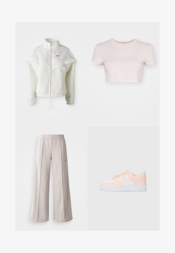 Bílá dlouhá zipová bunda s vysokým límcem, pláštěnkovým detailem přes ramena, elastickými manžetami a malým černým logem Nike na hrudi.; Zkrácený tričko v světle růžové barvě, vyrobené z jemné tkaniny. Má kulatý výstřih a krátké rukávy se malým bílým logem Nike na hrudi.; Světlé šedé široké kalhoty vyrobené z hladké látky. Mají elastický pas a černé logo Nike na levé straně.; Tenisky Nike Air Force 1 mají svršek z bílé kůže s jemnými růžovými akcenty. Gumová podrážka je texturovaná pro lepší přilnavost. Klasický design a šněrovací zapínání.