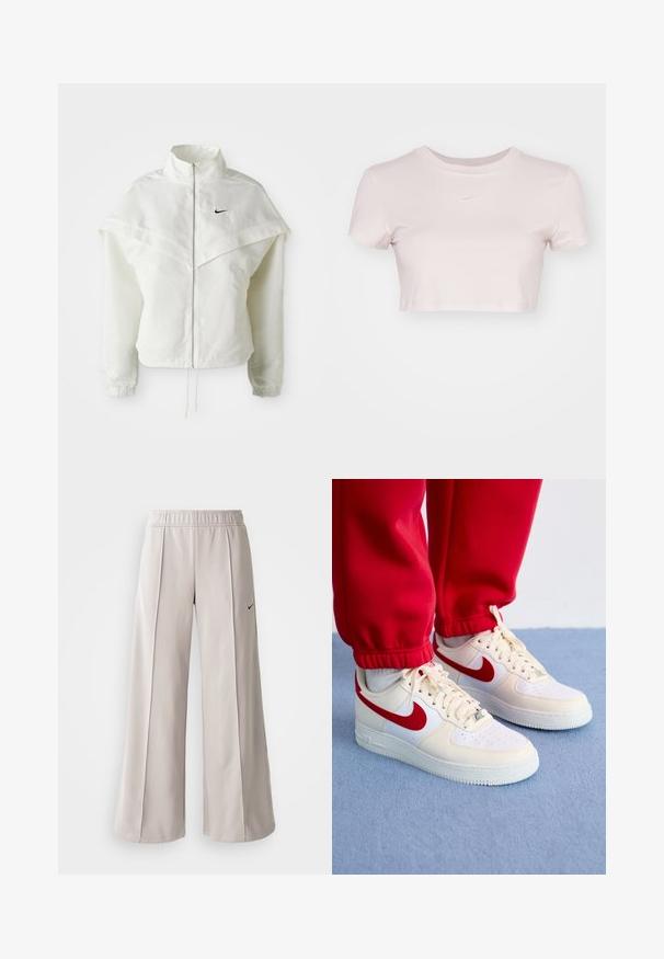 White long-sleeve zip-up jacket with high collar, cape-like detail across shoulders, elastic cuffs, and small black Nike logo on chest.; Cropped T-shirt in light pink, made of soft fabric. Features a crew neck and short sleeves with a small white Nike logo on the chest.; Light gray wide-leg pants made of smooth fabric. Features an elastic waistband and black Nike logo on the left side.; Nike Air Force 1 sneakers in white and cream leather, featuring red accents and perforations, set on a textured blue surface.