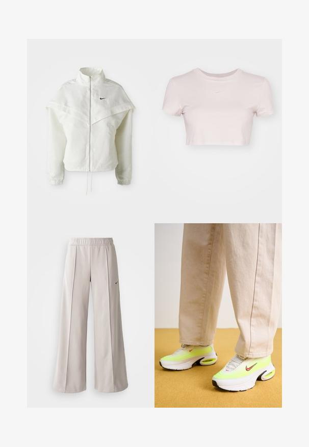 Bjela jakna dugih rukava s patentnim zatvaračem i visokim ovratnikom, s kapastim detaljima preko ramena, elastičnim manžetama i malim crnim Nike logom na prsima.; Skraćeni majica u svijetlo ružičastoj boji, izrađena od mekog materijala. Ima okrugli izrez i kratke rukave s malim bijelim Nike logotipom na prsima.; Svijetlosive hlače širokih nogavica od glatkog materijala. Imaju elastičnu traku u struku i crni Nike logo na lijevoj strani.; Nike Sportswear AIR MAX PORTAL - Tenisice - summit white/bright crimson/white/volt/black