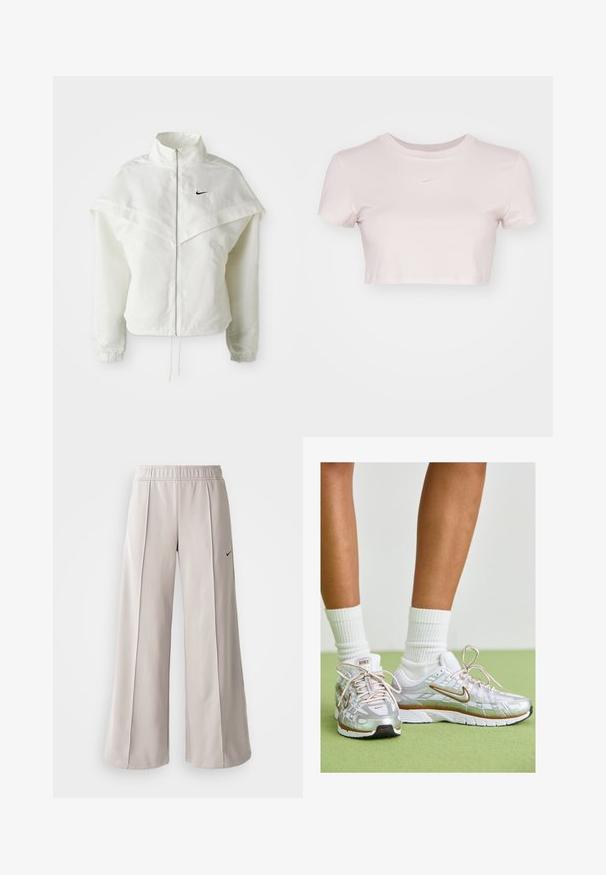 Bílá dlouhá zipová bunda s vysokým límcem, pláštěnkovým detailem přes ramena, elastickými manžetami a malým černým logem Nike na hrudi.; Zkrácený tričko v světle růžové barvě, vyrobené z jemné tkaniny. Má kulatý výstřih a krátké rukávy se malým bílým logem Nike na hrudi.; Světlé šedé široké kalhoty vyrobené z hladké látky. Mají elastický pas a černé logo Nike na levé straně.; Stříbrné sportovní boty s bílými a zlatými akcenty, s částí z prodyšné síťoviny, gumovou podrážkou a reflexním povrchem. Ponožky viditelné nad kotníkem.