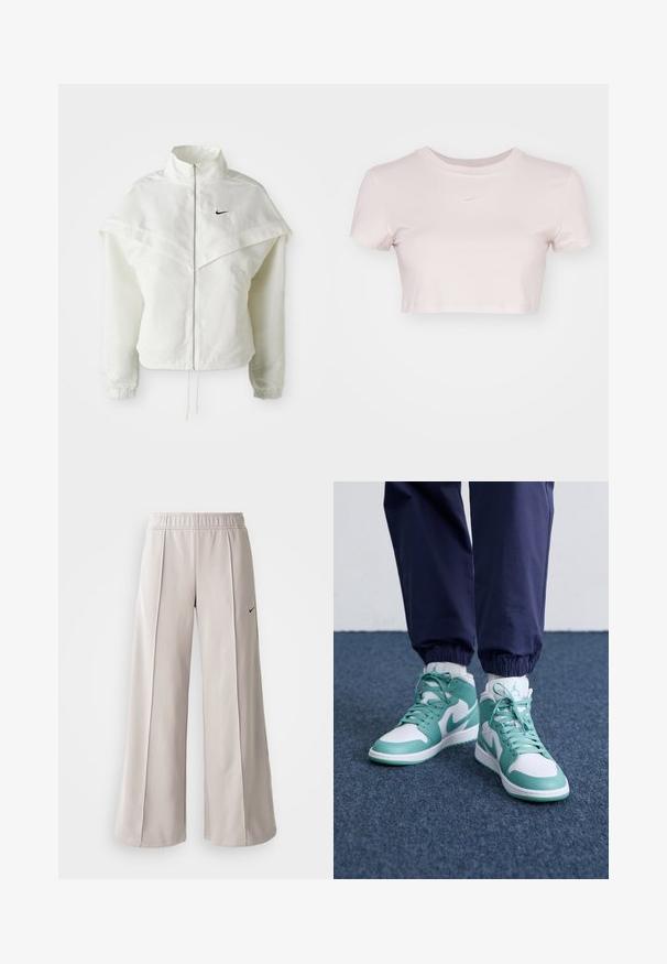 Chaqueta blanca de manga larga con cremallera y cuello alto, detalle tipo capa en los hombros, puños elásticos y pequeño logo negro de Nike en el pecho.; Camiseta corta en rosa claro, hecha de tejido suave. Presenta un cuello redondo y mangas cortas con un pequeño logo blanco de Nike en el pecho.; Pantalones de pierna ancha en gris claro, confeccionados con una tela suave. Presentan una cinturilla elástica y el logotipo negro de Nike en el lado izquierdo.; Deportivas altas con una base blanca y acentos en verde azulado, cuero texturizado y puntera perforada. Incluyen cordones y un collar acolchado.