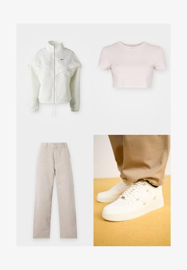 Chaqueta blanca de manga larga con cremallera y cuello alto, detalle tipo capa en los hombros, puños elásticos y pequeño logo negro de Nike en el pecho.; Camiseta corta en rosa claro, hecha de tejido suave. Presenta un cuello redondo y mangas cortas con un pequeño logo blanco de Nike en el pecho.; Pantalones rectos beige hechos de algodón suave. Cuenta con un cierre de botón, trabillas para el cinturón y bolsillos laterales. Diseño simple y limpio.; Zapatillas de piel blanca con puntera perforada, acentos dorados y cordones planos, combinadas con pantalones beige sobre una superficie amarilla texturizada.