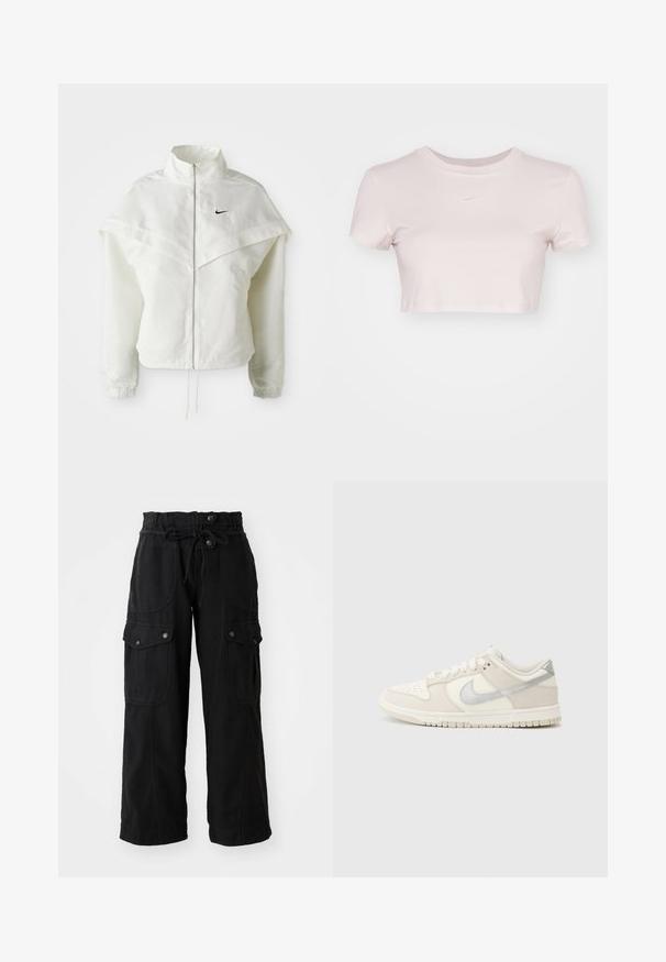Vit långärmad zip-up jacka med hög krage, kap-liknande detalj över axlarna, elastiska ärmslut och liten svart Nike-logga på bröstet.; Kortärmad T-shirt i ljusrosa, tillverkad av mjukt material. Har rundad halsringning och korta ärmar med en liten vit Nike-logotyp på bröstet.; Svarta vida cargobyxor med elastisk midja, dragsko, sid- och bakfickor samt knapppdetaljer. Tillverkade av ett lättviktsmaterial.; Låga sneakers i off-white läder och mocka, med en silver Swoosh-logotyp, perforerad tå och texturerad gummisula.