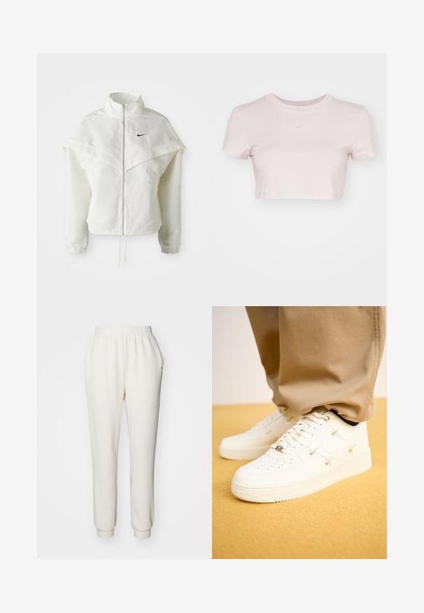 Hvid langærmet zip-up jakke med høj krave, kappe-lignende detaljer over skuldrene, elastiske manchetter og lille sort Nike-logo på brystet.; Lyserød cropped T-shirt, lavet af blødt stof. Har rund halsudskæring og korte ærmer med et lille hvidt Nike-logo på brystet.; Hvide, tapered sweatpants i blødt stof med elastisk talje og manchetter ved anklerne. Har sidelommer for bekvemmelighed.; Hvide lædersneakers med perforeret tå, gyldne accenter og flade snørebånd, parret med beige bukser på en struktureret gul overflade.