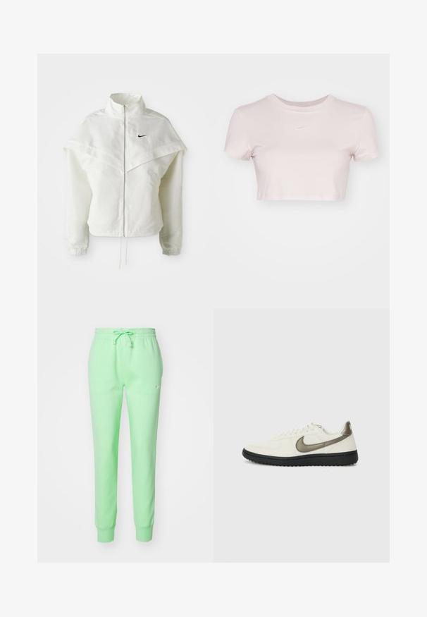 Biała, długozapinana kurtka na zamek z wysokim kołnierzem, z pelerynowym detalem na ramionach, elastycznymi mankietami i małym czarnym logo Nike na piersi.; Przycięta koszulka w jasnym różu, wykonana z miękkiego materiału. Posiada okrągły dekolt i krótkie rękawy z małym białym logo Nike na klatce piersiowej.; Jasnozielone dresy Nike z elastycznym pasem, regulowanym sznurkiem oraz zwężanymi ściągaczami. Gładka tekstura materiału z subtelnym logo.; Nike Sportswear - Sneakersy niskie