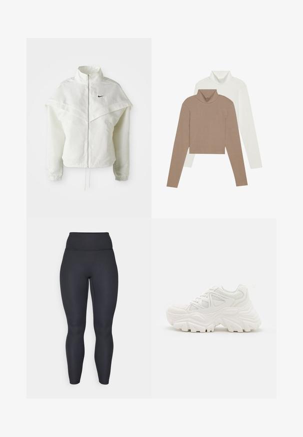Fehér, hosszú ujjú, zipzáras dzseki magas gallérral, a vállakon lebegő, köpenyszerű résszel, rugalmas mandzsettákkal és kis fekete Nike logóval a mellkason.; Két garbó: az egyik puha barna, bordázott textúrával, a másik sima fehér. Mindkettő hosszú ujjal és crop fazonnal rendelkezik.; Magas derekú fekete bordázott leggingek, testhez simuló kialakítással, sima textúrával és teljes hosszúságú szabással. Széles derékpánttal a stabilitás érdekében.; Fehér, vastag talpú sportcipők, textúrált felsőrésszel, hálós panelek árnyékolásával és vastag, kiemelkedő mintázatú gumitalppal. Zsinórok és húzófül tartozik hozzá.