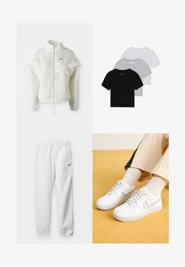 Vit långärmad zip-up jacka med hög krage, kap-liknande detalj över axlarna, elastiska ärmslut och liten svart Nike-logga på bröstet.; Set med tre kortärmade t-shirts i svart, grått och vitt. Tillverkade av bomull, med rund hals och en enkel, enfärgad design.; Grå sweatpants gjorda av ett mjukt material, med ett elastiskt midjeband och snörning samt en liten svart Nike-logotyp på vänster lår.; Vita Nike Air Force 1-sneakers med övre del i slätt läder, signaturswoosh med reflekterande silverdetalj och perforerad tåbox.