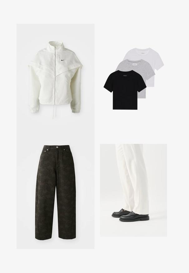 Bílá dlouhá zipová bunda s vysokým límcem, pláštěnkovým detailem přes ramena, elastickými manžetami a malým černým logem Nike na hrudi.; Sada tří triček s krátkým rukávem v černé, šedé a bílé barvě. Vyrobena z bavlny, s kulatým výstřihem a jednoduchým jednobarevným designem.; Tmavě zelené kalhoty s volnými nohavicemi mají texturovaný květinový vzor, pět kapes a kovové knoflíkové zapínání v pase.; Černé kožené mokasíny s hladkým povrchem, švovými detaily a zaoblenou špičkou, kombinované s bílými saka kalhotami.