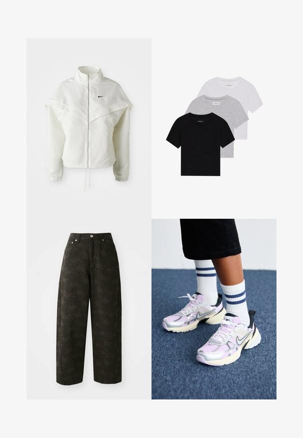 Chaqueta blanca de manga larga con cremallera y cuello alto, detalle tipo capa en los hombros, puños elásticos y pequeño logo negro de Nike en el pecho.; Conjunto de tres camisetas de manga corta en negro, gris y blanco. Están hechas de algodón, cuentan con cuello redondo y un diseño simple de un solo color.; Pantalones de pierna ancha verde oscuro con un patrón floral texturizado, diseño de cinco bolsillos y cierres de botón metálicos en la cintura.; Zapatillas Nike con un upper de malla lavanda, acentos en plata y negro, y una suela gruesa crema. Combinadas con calcetines blancos con rayas azules.