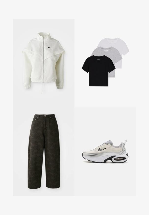 Biela bunda s dlhým rukávom na zips a vysokým golierom, s plášťovým detailom cez plecia, elastickými manžetami a malým čiernym logom Nike na hrudi.; Sada troch tričiek s krátkym rukávom v čiernej, šedej a bielej farbe. Vyrobené z bavlny, s okrúhlym výstrihom a jednoduchým, jednofarebným dizajnom.; Tmavozelené široké nohavice s textúrovaným kvetinovým vzorom, päť vreciek a kovovými gombíkmi na zapínanie v páse.; Nike teniska s hladkým bielym zvrškom, striebornými akcentami a čiernou gumovou podrážkou. Obsahuje Air odpruženie a aerodynamický dizajn.