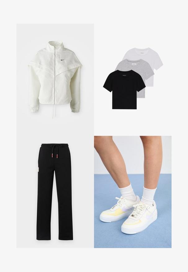 Hvit langermet jakke med glidelås og høy krage, kappe-lignende detaljer over skuldrene, elastiske mansjetter, og liten svart Nike-logo på brystet.; Sett med tre kortermede t-skjorter i svart, grått og hvitt. Laget av bomull, med rund hals og en enkel, ensfarget design.; Svarte joggebukser med snøring i livet, med røde og hvite detaljer, sidelommer, og et lite merke foran. Glatt tekstur.; Hvit lær sneakers med gule og lavendel detaljer, rund tå, flate lisser, og teksturert gummisåle. Brukt med hvite sokker.