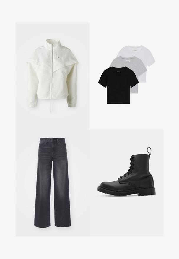 Bjela jakna dugih rukava s patentnim zatvaračem i visokim ovratnikom, s kapastim detaljima preko ramena, elastičnim manžetama i malim crnim Nike logom na prsima.; Set od tri majice kratkih rukava u crnoj, sivoj i bijeloj boji. Izrađene od pamuka, s okruglim izrezom i jednostavnim, jednobojnim dizajnom.; Tamno sivi široki traperice od denima, s visokim strukom, dizajnom od pet džepova i suptilnim detaljima izbjeljivanja sprijeda.; Crne kožne vojničke čizme s okruglim vrhom, vezicama sprijeda i petljom na gležnju. Imaju gusti gumeni potplat za izdržljivost.