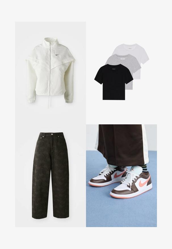 Jaqueta branca de mangas longas com fecho éclair e gola alta, detalhe tipo capa nos ombros, punhos elásticos e pequeno logótipo preto da Nike no peito.; Conjunto de três t-shirts de manga curta nas cores preto, cinza e branco. Feitas em algodão, com gola redonda e um design simples, em cores sólidas.; Calças largas de cor verde escuro apresentam um padrão floral texturizado, design de cinco bolsos e fechos de botão metálico na cintura.; Sapatilhas Nike Air Jordan brancas e castanhas com acentos cor-de-rosa, apresentando um design de cano baixo, atacadores brancos e uma sola de borracha texturizada.