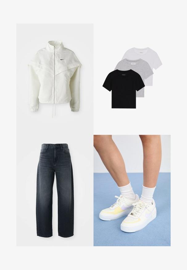 Giacca bianca a maniche lunghe con zip e colletto alto, dettaglio a mantella sulle spalle, polsini elasticizzati e piccolo logo Nike nero sul petto.; Set di tre t-shirt a maniche corte in nero, grigio e bianco. Realizzate in cotone, presentano un collo a giro e un design semplice in un colore solido.; Jeans a gamba larga in denim lavato scuro, con vita alta, chiusura classica a bottone e zip, e una leggera scoloritura sul davanti.; Sneakers bianchi in pelle con accenti gialli e lavanda, punta tonda, lacci piatti e suola in gomma texturizzata. Indossati con calzini bianchi.