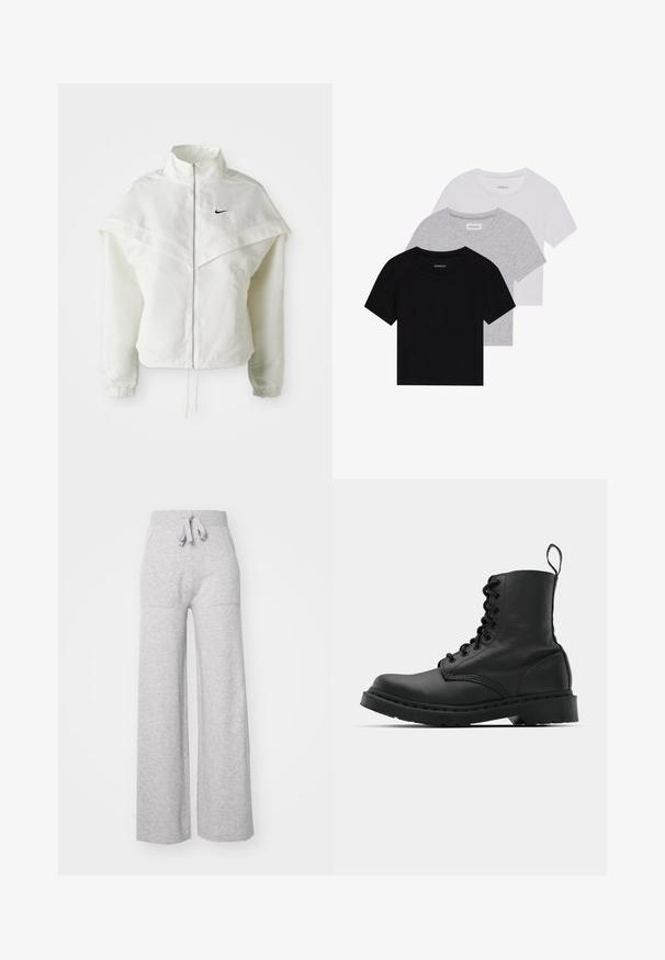 Veste zippée à manches longues blanche avec col haut, détail de type cape sur les épaules, poignets élastiques et petit logo Nike noir sur la poitrine.; Ensemble de trois t-shirts à manches courtes en noir, gris et blanc. Fabriqués en coton, avec un col rond et un design simple de couleur unie.; Pantalons de survêtement gris à jambes larges en tissu doux, dotés d'une taille élastique, d'un cordon de serrage et de deux poches latérales. Texture lisse, design décontracté.; Botte de combat en cuir noir avec un bout rond, un laçage à l'avant et une sangle au niveau de la cheville. Dispose d'une semelle en caoutchouc épaisse pour une durabilité optimale.