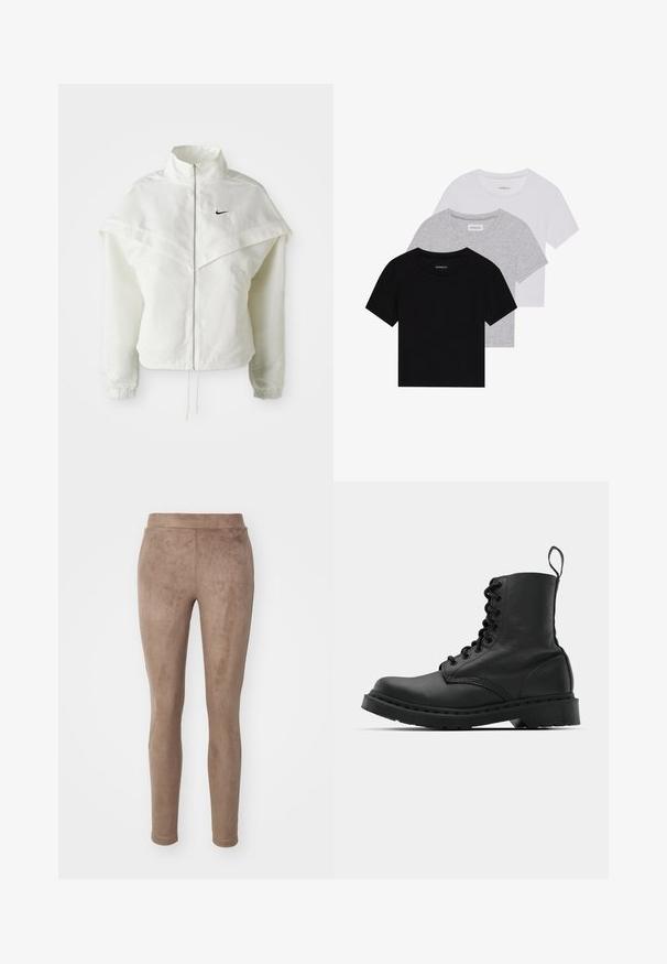 Balta ilga rankovė zip-up striukė su aukštu apykakle, švarkelio tipo detalėmis ant pečių, elastingomis rankovėmis ir mažuoju juodu Nike logotipu ant krūtinės.; Trijų trumpomis rankovėmis marškinėlių rinkinys juodos, pilkos ir baltos spalvos. Pagaminti iš medvilnės, turi apvalų iškirpimą ir paprastą, vientisos spalvos dizainą.; Rudos, aukštai smarkiai priglundantys leggingai, pagaminti iš minkštos, zomšos tipo medžiagos; prigludusi forma su lygaus paviršiaus tekstūra ir be matomų siūlų ar dekoracijų.; Juodas odinis kovinis botas su apvalioms pirštams, šnerviniu priekiniu užsegimu ir užtraukiamu užtrauktuku prie kulkšnies. Ypatybė - storas guminis padas, užtikrinantis ilgaamžiškumą.