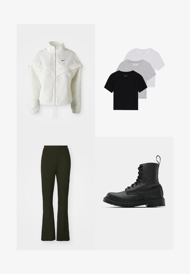 Fehér, hosszú ujjú, zipzáras dzseki magas gallérral, a vállakon lebegő, köpenyszerű résszel, rugalmas mandzsettákkal és kis fekete Nike logóval a mellkason.; Három rövidujjú póló készlet fekete, szürke és fehér színben. Pamutból készült, kerek nyakú, egyszerű, egyszínű dizájnnal.; Sötétzöld, trapéznadrág, rugalmas derékkal. Texturált anyagból készült, laza szabású és teljes hosszúságú.; Fekete bőr harci csizma, kerek orral, fűzős elülső résszel és húzófüllel a bokánál. Vastag gumitalp jellemzi, amely tartósságot biztosít.