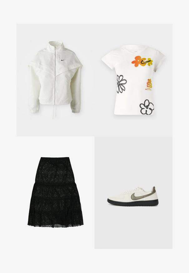Weiße langärmlige Zip-Jacke mit hohem Kragen, cape-artigem Detail über den Schultern, elastischen Bündchen und kleinem schwarzen Nike-Logo auf der Brust.; Weißes kurzärmliges T-Shirt mit bunten Blumenmotiven in Orange, Gelb und Schwarz. Hergestellt aus einer weichen Baumwollmischung mit einem V-Ausschnitt.; Schwarzer Spitzenrock mit einem gestuften Design und einem Abschluss mit Rüschensaum. Elastischer Taillenbund für mehr Komfort. Leichte und halbtransparente Textur.; Nike Sportswear FIELD GENERAL - Sneaker low - off-white/black