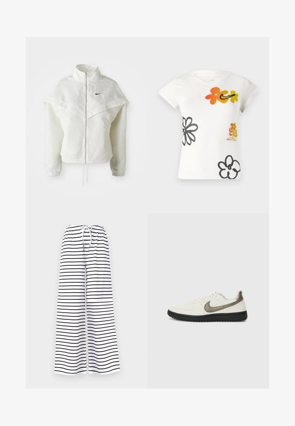 Valge pikkade varrukatega tõmblukuga jakk kõrge kraega, kätetooted, mis meenutavad katet õlgadel, elastsete mansettidega ja väikese musta Nike logoga rinnal.; Valge lühikese varrukaga t-särk, millel on värvilised lillemustrid oranži, kollase ja musta värviga. Valmistatud pehmest puuvilla segust ja v-kaelusega.; Valged laiade jalgade püksid, millel on mustad horisonaalsed triibud. Elastne vöökoht ja reguleeritav nöör, mis tagavad mugava ja kohandatava istuvuse.; Nike Sportswear FIELD GENERAL - Tossud - off-white/black