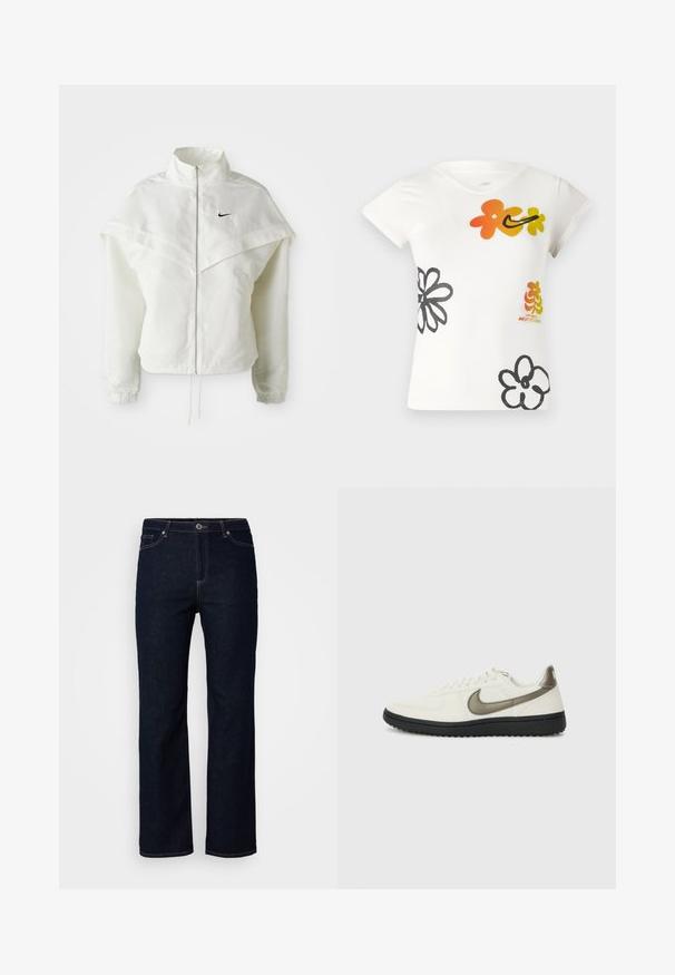 Giacca bianca a maniche lunghe con zip e colletto alto, dettaglio a mantella sulle spalle, polsini elasticizzati e piccolo logo Nike nero sul petto.; T-shirt bianco a maniche corte con design floreali colorati in arancione, giallo e nero. Realizzato in un morbido misto cotone con scollatura a V.; Jeans in denim blu scuro, design a gamba dritta, stile a cinque tasche, dettagli di cucitura sottili, chiusura con zip e bottone.; Nike Sportswear FIELD GENERAL - Sneakers basse - off-white/black