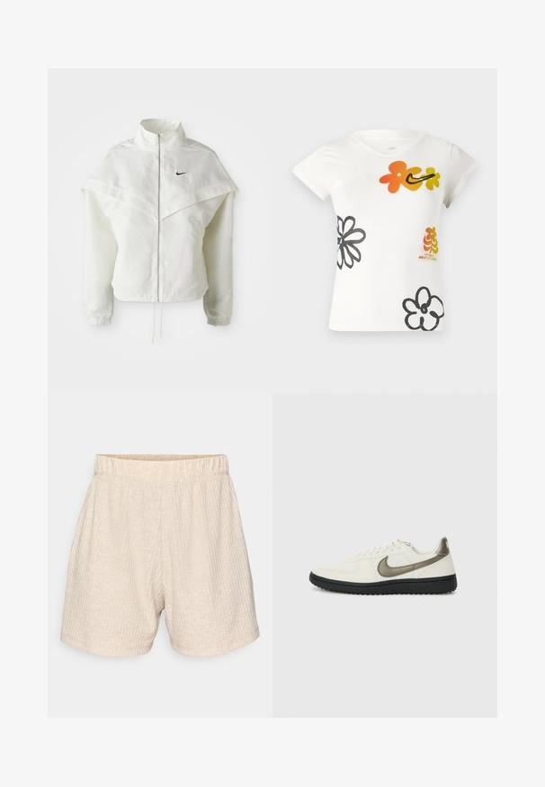 Veste zippée à manches longues blanche avec col haut, détail de type cape sur les épaules, poignets élastiques et petit logo Nike noir sur la poitrine.; T-shirt blanc à manches courtes avec des motifs floraux colorés en orange, jaune et noir. Fabriqué en un doux mélange de coton avec un décolleté en V.; Shorts beiges texturés avec une taille élastique. Présente des rayures verticales subtiles et un design décontracté à coupe droite. Pas de poches.; Nike Sportswear FIELD GENERAL - Baskets basses - off-white/black