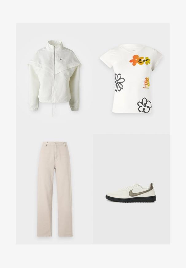 Balta ilga rankovė zip-up striukė su aukštu apykakle, švarkelio tipo detalėmis ant pečių, elastingomis rankovėmis ir mažuoju juodu Nike logotipu ant krūtinės.; Balta trumpų rankovių marškinėlių su spalvingais gėlėmis oranžinės, geltonos ir juodos spalvų raštais. Pagaminta iš minkštos medvilnės mišinio, su v formos iškirpte.; Šviesiai rudos palaidinės kelnės, pagamintos iš medvilnės, su priekine mygtukų uždarymo sistema, dirželio kilpomis ir klasikinio kirpimo, kuriam būdingi švarūs kontūrai.; Nike Sportswear FIELD GENERAL - Sportbačiai - off-white/black