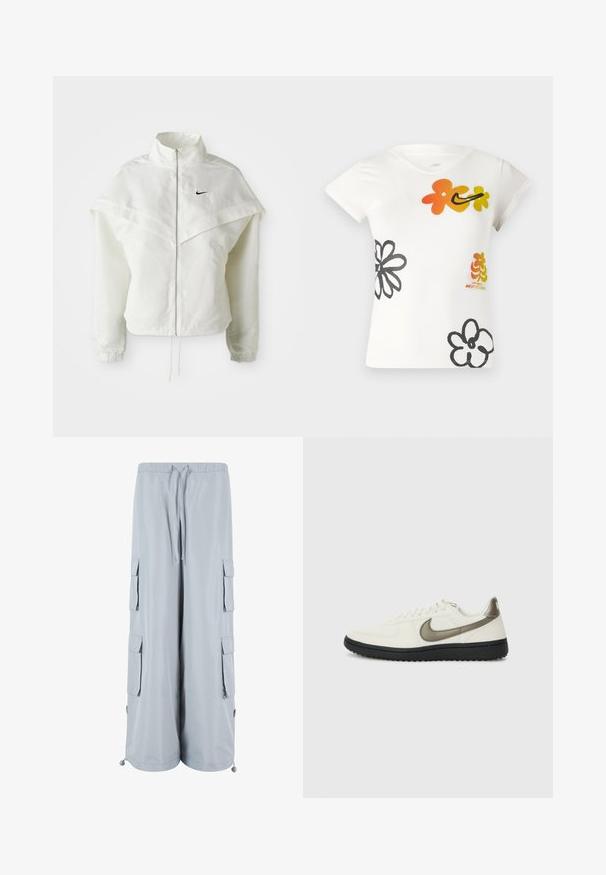 Bílá dlouhá zipová bunda s vysokým límcem, pláštěnkovým detailem přes ramena, elastickými manžetami a malým černým logem Nike na hrudi.; Bílé tričko s krátkým rukávem zdobené barevnými květinovými vzory v oranžové, žluté a černé barvě. Vyrobeno z měkké bavlněné směsi s výstřihem ve tvaru V.; Světle šedé cargo kalhoty s elastickým pasem, stahovací šňůrkou, bočními kapsami a nastavitelnými lemy. Vyrobené z měkké, lehké tkaniny.; Nike Sportswear FIELD GENERAL - Tenisky - off-white/black