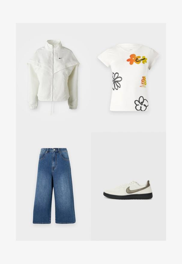 Valge pikkade varrukatega tõmblukuga jakk kõrge kraega, kätetooted, mis meenutavad katet õlgadel, elastsete mansettidega ja väikese musta Nike logoga rinnal.; Valge lühikese varrukaga t-särk, millel on värvilised lillemustrid oranži, kollase ja musta värviga. Valmistatud pehmest puuvilla segust ja v-kaelusega.; Keskmise sinise tooniga teksased culottes kõrge vöökoht, laiad sääred, viis taskut ning kerge kulumine, metallist nööp ja lukuga sulgemine.; Nike Sportswear FIELD GENERAL - Tossud - off-white/black
