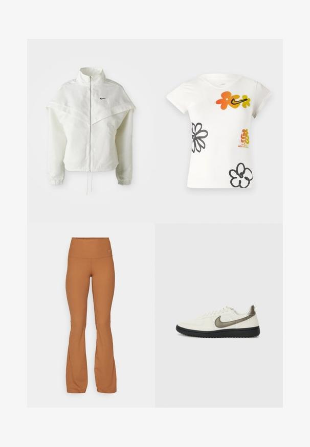 Chaqueta blanca de manga larga con cremallera y cuello alto, detalle tipo capa en los hombros, puños elásticos y pequeño logo negro de Nike en el pecho.; Camiseta blanca de manga corta con coloridos diseños florales en naranja, amarillo y negro. Fabricada en una suave mezcla de algodón y con escote en forma de V.; Mallas acampanadas de tiro alto en ribete marrón; fabricadas con un material elástico; cuentan con un pequeño logo en la parte delantera.; Nike Sportswear FIELD GENERAL - Zapatillas - off-white/black
