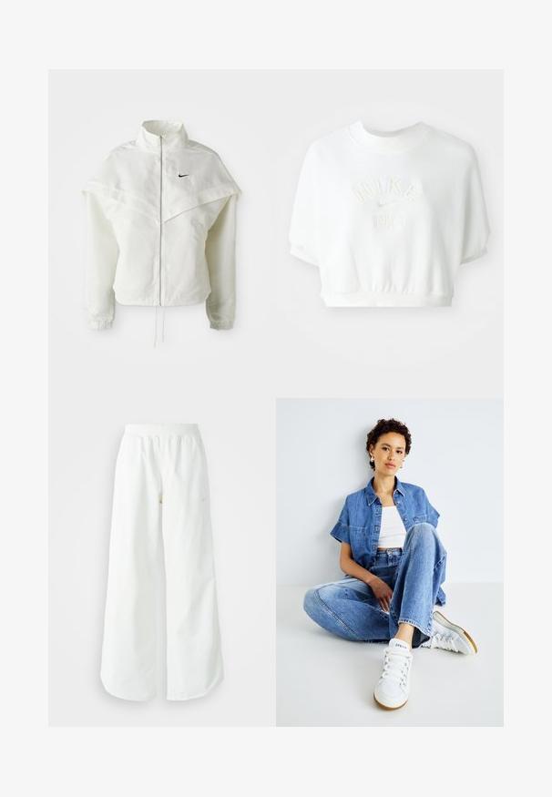 Veste zippée à manches longues blanche avec col haut, détail de type cape sur les épaules, poignets élastiques et petit logo Nike noir sur la poitrine.; Sweatshirt blanc crop en matériau doux. Doté d'un col côtelé, d'un ourlet élastiqué et d'un logo en relief "Nike 1972" au centre.; Pantalons de sport larges blancs avec une taille côtelée et un discret logo. Tissu lisse avec une coupe décontractée et un bas effilé.; Ensemble en denim composé d'une chemise cropped bleu clair à manches courtes et d'un pantalon taille haute. Associé à des baskets blanches.