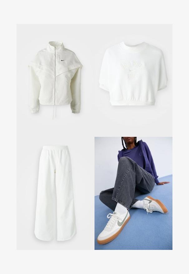Λευκό ζακέτα με μακριά μανίκια και κλείσιμο με φερμουάρ, υψηλό γιακά, λεπτομέρεια που μοιάζει με κάπα στους ώμους, ελαστικούς μανσέτες και μικρό μαύρο λογότυπο Nike στο στήθος.; Λευκό cropped sweatshirt από μαλακό ύφασμα. Διαθέτει ριμπ χαμόγελο, ελαστική μέση και εγχάρακτο λογότυπο "Nike 1972" στο κέντρο.; Λευκό αθλητικό παντελόνι σε φαρδιά γραμμή με ραμμένο ζώνη και διακριτική λεπτομέρεια λογότυπου. Απαλή υφή με άνετη εφαρμογή και στενό στρίφωμα.; Λευκά sneakers Nike με γκρι λεπτομέρειες, καφέ σόλα, φορεμένα με λευκές κάλτσες. Σκούρα γκρι, ελαφρώς φθαρμένα jeans σε φαρδιά γραμμή. Μπλε φόντο.