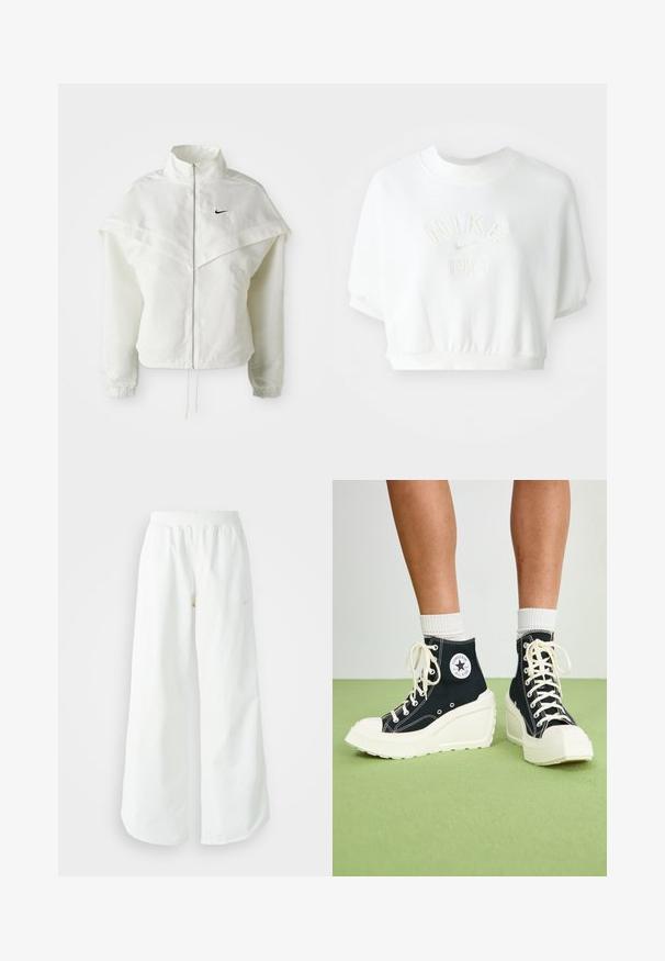 Valge pikkade varrukatega tõmblukuga jakk kõrge kraega, kätetooted, mis meenutavad katet õlgadel, elastsete mansettidega ja väikese musta Nike logoga rinnal.; Valge lühikeste varrukatega sviiter, mis on valmistatud pehmest materjalist. Omab soonikuga kaelust, elastset serva ning keskel on reljeefne "Nike 1972" logo.; Valged laiad spordipüksid, ribadega vöökoht ja diskreetne logosümbol. Sile kangas, lõdvestatud istuvus ja kitsenev ääreosa.; Mustad musta värvi kõrged tennisetossud, millel on tõstetud valge tallaplaat, valged paelad ja ühel küljel ümmargune logo kleebis. Tekstuuriga kangas.