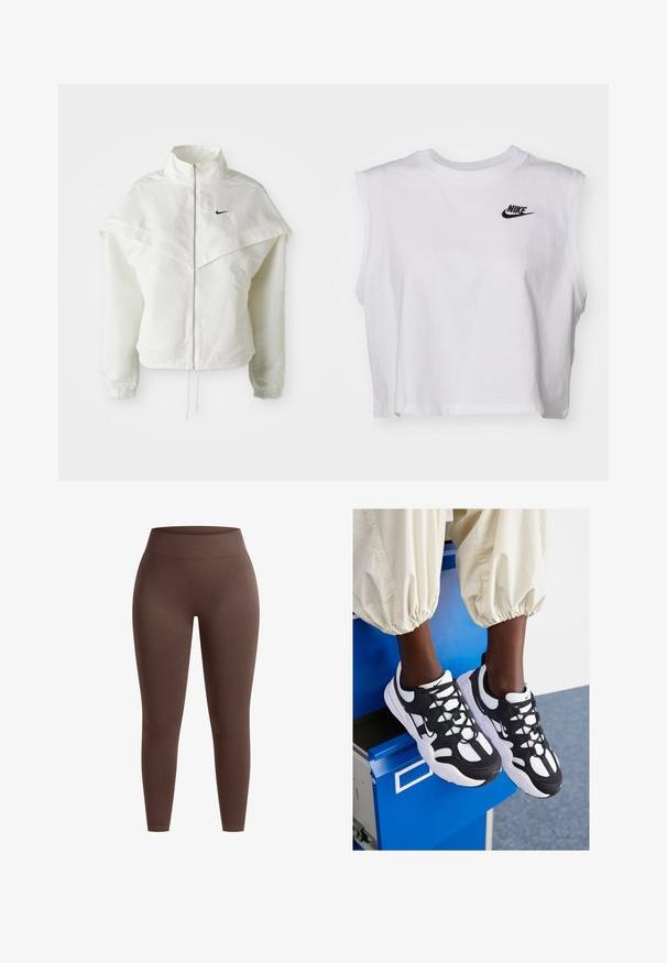 Weiße langärmlige Zip-Jacke mit hohem Kragen, cape-artigem Detail über den Schultern, elastischen Bündchen und kleinem schwarzen Nike-Logo auf der Brust.; Weißes, kurz geschnittenes, ärmelloses T-Shirt aus Baumwolle, mit einem schwarzen Nike-Logo auf der Brust, runder Ausschnitt und glatter Textur.; Braune hochtaillierte Leggings aus glattem, dehnbarem Stoff. Sie zeichnen sich durch eine enganliegende Form und einen nahtlosen Bund für Komfort und Flexibilität aus.; Schwarz-weiße Sportschuhe mit Mesh- und Wildledermaterialien, runder Zehenform, dickem Sohlenprofil und auffälligen Schnürungen sowie Nike-Logo-Akzenten.