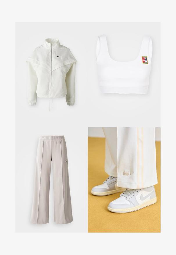 Fehér, hosszú ujjú, zipzáras dzseki magas gallérral, a vállakon lebegő, köpenyszerű résszel, rugalmas mandzsettákkal és kis fekete Nike logóval a mellkason.; Nike Sportswear YOON - Felső - white; Világosszürke, bő szabású nadrág sima anyagból. Gumírozott derékrésszel és fekete Nike logóval a bal oldalon.; Jordan AIR JORDAN 1 LOW - Sportcipő - sail/neutral grey/coconut milk