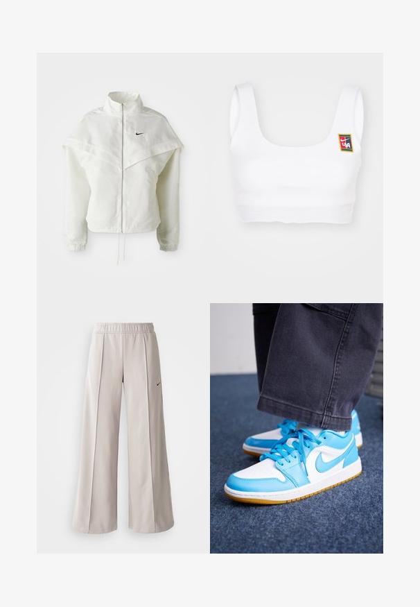 Bela jakna z dolgimi rokavi in zadrgo, visokim ovratnikom, plaščastim detajlom čez ramena, elastičnimi manšetami in majhnim črnim logotipom Nike na prsih.; Nike Sportswear YOON - Top - white; Svetlo sivi široki hlače iz gladkega materiala. Imajo elastični pas in črni Nike logotip na levi strani.; Modri in beli usnjeni superge z gumijastim podplatom, ki imajo teksturirane panele in usklajene vezalke. Logo na strani, subtilne kontrastne šive.