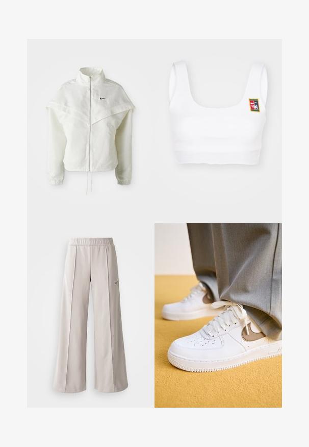 Valge pikkade varrukatega tõmblukuga jakk kõrge kraega, kätetooted, mis meenutavad katet õlgadel, elastsete mansettidega ja väikese musta Nike logoga rinnal.; Nike Sportswear YOON - Topp - white; Heledad hallide püksid, mis on valmistatud siledast kangast. Omab elastset vöökohta ja musta Nike logo vasakul küljel.; Valged nahast tennisetossud tekstureeritud pinnaga, aukude jaotuse ning beežide aktsentidega. Lukk on valge ning kummist väljalaskeava. Kanda hallide pükstega.
