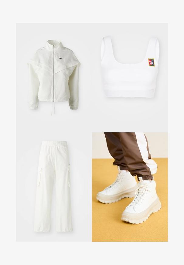 Fehér, hosszú ujjú, zipzáras dzseki magas gallérral, a vállakon lebegő, köpenyszerű résszel, rugalmas mandzsettákkal és kis fekete Nike logóval a mellkason.; Nike Sportswear YOON - Felső - white; Fehér cargo nadrág széles lábakkal, rugalmas derékkal és oldalsó zsebekkel. Texturált anyag sima felülettel.; Fehér, magasszárú sportcipők, vastag, texturált talppal, sima bőr felsőrésszel, kerek orral és azonos színű fűzőkkel, sárga háttér előtt.