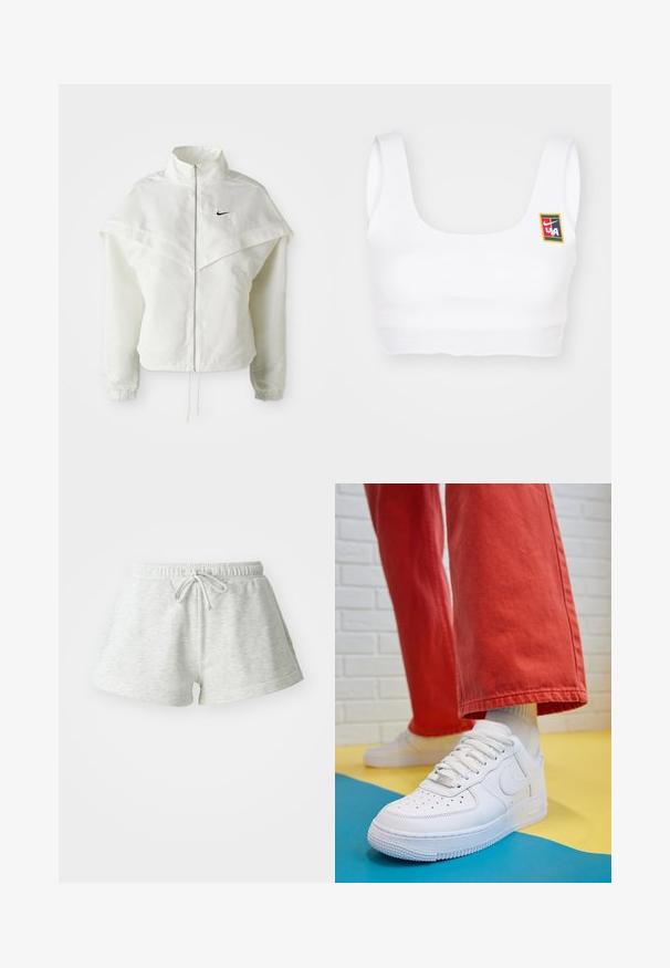 Jachetă albă cu mâneci lungi, cu fermoar, guler înalt, detalii asemănătoare unei capele pe umeri, manșete elastice și un mic logo Nike negru pe piept.; Nike Sportswear YOON - Top - white; Pantaloni scurți din bumbac gri deschis, cu talie ajustabilă, având o textură moale și o croială relaxată, care se termină deasupra mijlocului coapsei.; Tenis alb din piele cu fanta pe vârful piciorului, talpă texturată și șireturi albe, purtat cu pantaloni larga roșii și un fundal albastru și galben.