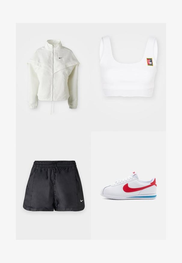 Valge pikkade varrukatega tõmblukuga jakk kõrge kraega, kätetooted, mis meenutavad katet õlgadel, elastsete mansettidega ja väikese musta Nike logoga rinnal.; Nike Sportswear YOON - Topp - white; Mustad mustad šortid, mis on valmistatud kergest ja siledast kangast. Omab elastset vöökohta, nööri ning väikest valget logo alumises paremas nurgas.; Valged tennisjalanõud punase Swooshiga, sinise aktsendiga tallal ja valgete paeltega. Tekstureeritud ülemine osa koos õmmeldud detailidega. Klassikaline disain.