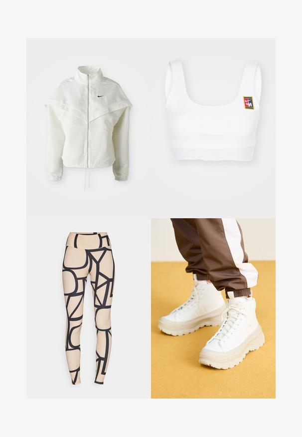 White long-sleeve zip-up jacket with high collar, cape-like detail across shoulders, elastic cuffs, and small black Nike logo on chest.; Nike Sportswear YOON - Top - white; Beige leggings featuring black geometric patterns. High-waisted design with a smooth texture and stretchy fabric. Fitted silhouette.; White high-top sneakers with a chunky, textured sole, featuring a smooth upper, round toe, and tonal laces, set against a yellow background.