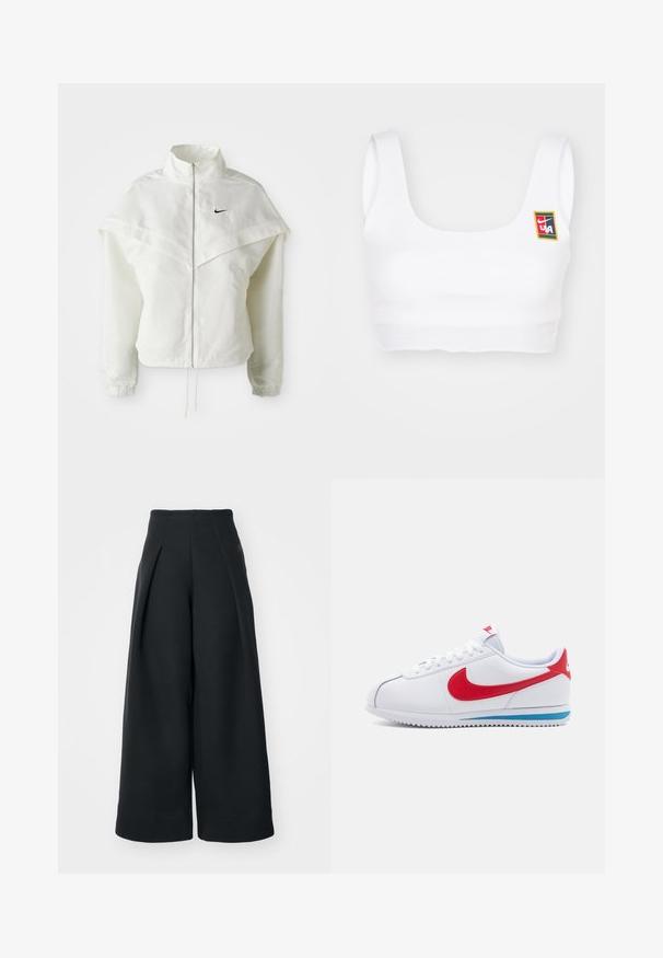Chaqueta blanca de manga larga con cremallera y cuello alto, detalle tipo capa en los hombros, puños elásticos y pequeño logo negro de Nike en el pecho.; Nike Sportswear YOON - Top - white; Nike Sportswear SPORTSWEAR TECH FLEECE - Pantalones deportivos - black; Zapatilla blanca con un swoosh rojo, acentos azules en la suela y cordones blancos. Parte superior texturizada con detalles de costura. Diseño clásico.