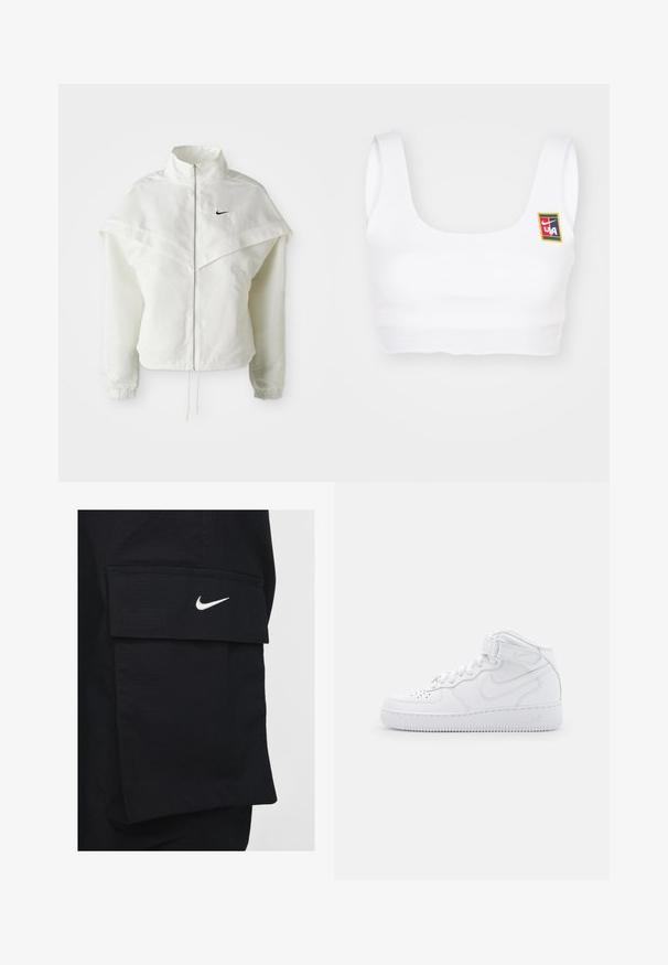 Bela jakna z dolgimi rokavi in zadrgo, visokim ovratnikom, plaščastim detajlom čez ramena, elastičnimi manšetami in majhnim črnim logotipom Nike na prsih.; Nike Sportswear YOON - Top - white; Črne cargo kratke hlače iz teksturiranega blaga, ki imajo velik stranski žep in bel Nike logotip spredaj.; Bele superge do gležnja, izdelane iz usnja, z oblazinjenim ovratnikom, perforiranim prstom, vezalkami in nastavljivim trakom okoli gležnja; logotip na strani.