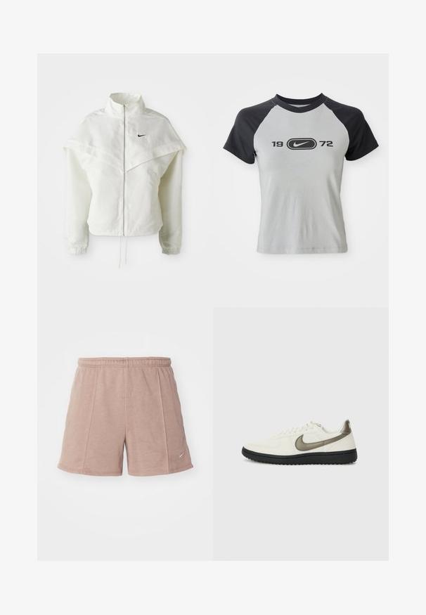 Balta ilga rankovė zip-up striukė su aukštu apykakle, švarkelio tipo detalėmis ant pečių, elastingomis rankovėmis ir mažuoju juodu Nike logotipu ant krūtinės.; Pilkas ir juodas trumpomis rankovėmis marškinėliai su apvaliu iškirpimu, priekyje yra centrinis logotipas ir juodais rašmenimis užrašas "1972".; Šviesiai rožiniai sportiniai šortai, pagaminti iš minkštos medžiagos, su elastine juosta. Yra šoninės siūlės ir mažas logotipas apatiniame dešiniajame kampe.; Nike Sportswear FIELD GENERAL - Sportbačiai - off-white/black