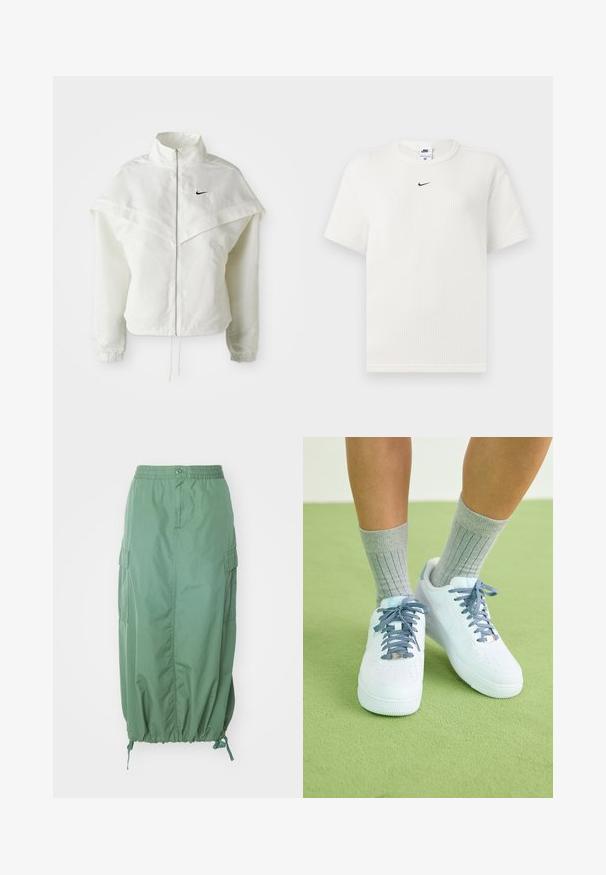 Veste zippée à manches longues blanche avec col haut, détail de type cape sur les épaules, poignets élastiques et petit logo Nike noir sur la poitrine.; T-shirt blanc à côtes avec un col rond et des manches courtes. Présente un petit logo Nike noir sur la poitrine. Tissu texturé avec une coupe ajustée.; Carhartt WIP CARGO SKIRT - Jupe trapèze - duck green rinsed; Des baskets en cuir blanc avec des accents bleus, un design de bout perforé et des lacets texturés bleu et blanc, portées avec des chaussettes grises à côtes.