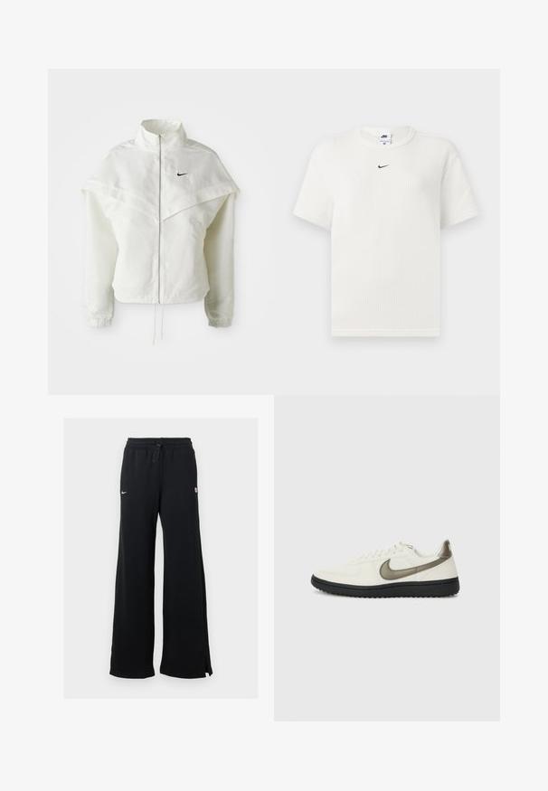 Biała, długozapinana kurtka na zamek z wysokim kołnierzem, z pelerynowym detalem na ramionach, elastycznymi mankietami i małym czarnym logo Nike na piersi.; Biała prążkowana koszulka z okrągłym dekoltem i krótkimi rękawami. Posiada małe czarne logo Nike na piersi. Teksturowany materiał o dopasowanym kroju.; Czarne spodnie dresowe o szerokich nogawkach, z elastycznym pasem, sznurkiem i logo. Tekstura tkaniny wydaje się miękka i wygodna.; Nike Sportswear - Sneakersy niskie