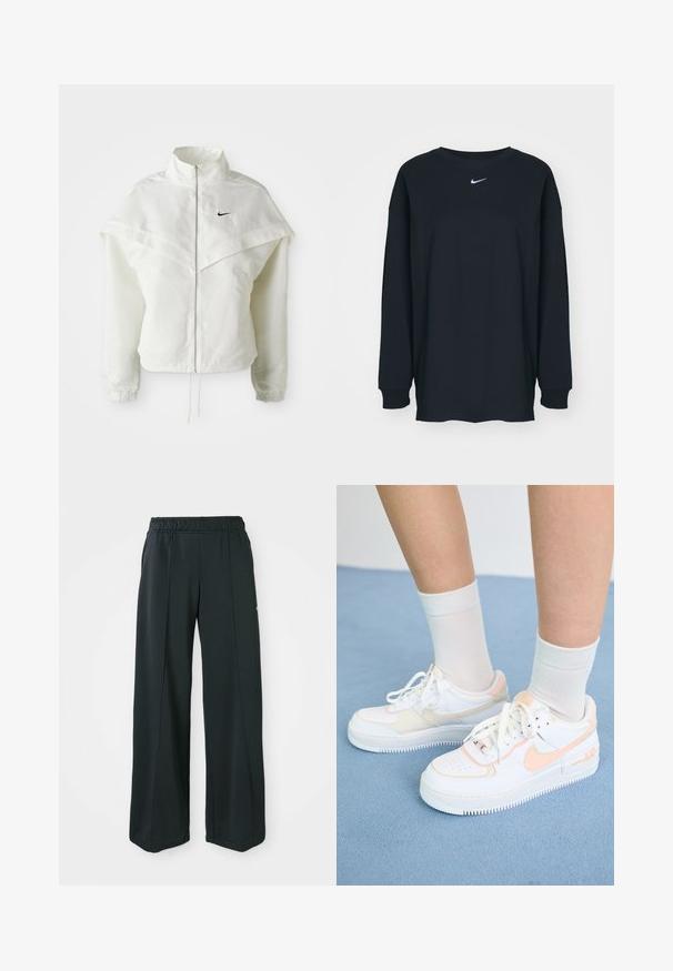 White long-sleeve zip-up jacket with high collar, cape-like detail across shoulders, elastic cuffs, and small black Nike logo on chest.; Black long-sleeve T-shirt made of cotton with a crew neckline. Features a white Nike logo on the chest. Soft texture, simple design.; Black, wide-leg athletic pants with an elastic waistband. Made from smooth, stretchy fabric, featuring subtle front seams and no pockets.; White sneakers with peach accents, smooth leather upper, perforated toe, textured sole, and laces. Worn with white crew socks on a blue surface.
